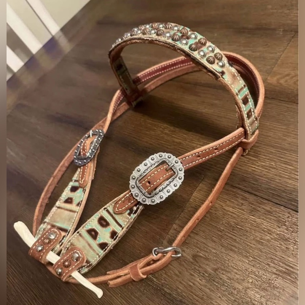 Horse Tack - New Turquoise Chocolate Aztec Western Headstall Short Cheeks